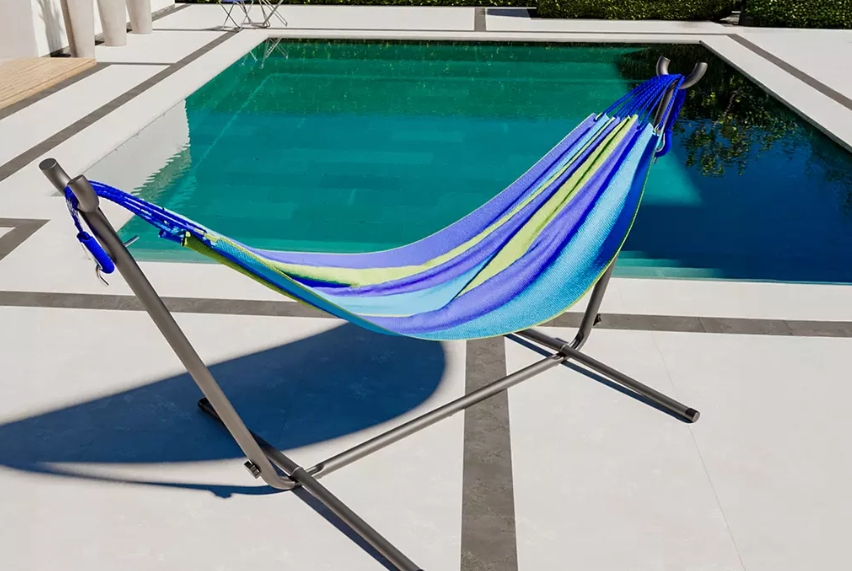 Amaca da giardino con supporto in acciaio, con altezza regolabile,