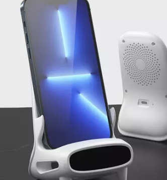 Stazione di ricarica wireless con amplificatore di suoni, per smartphone e tablet fino a 11''